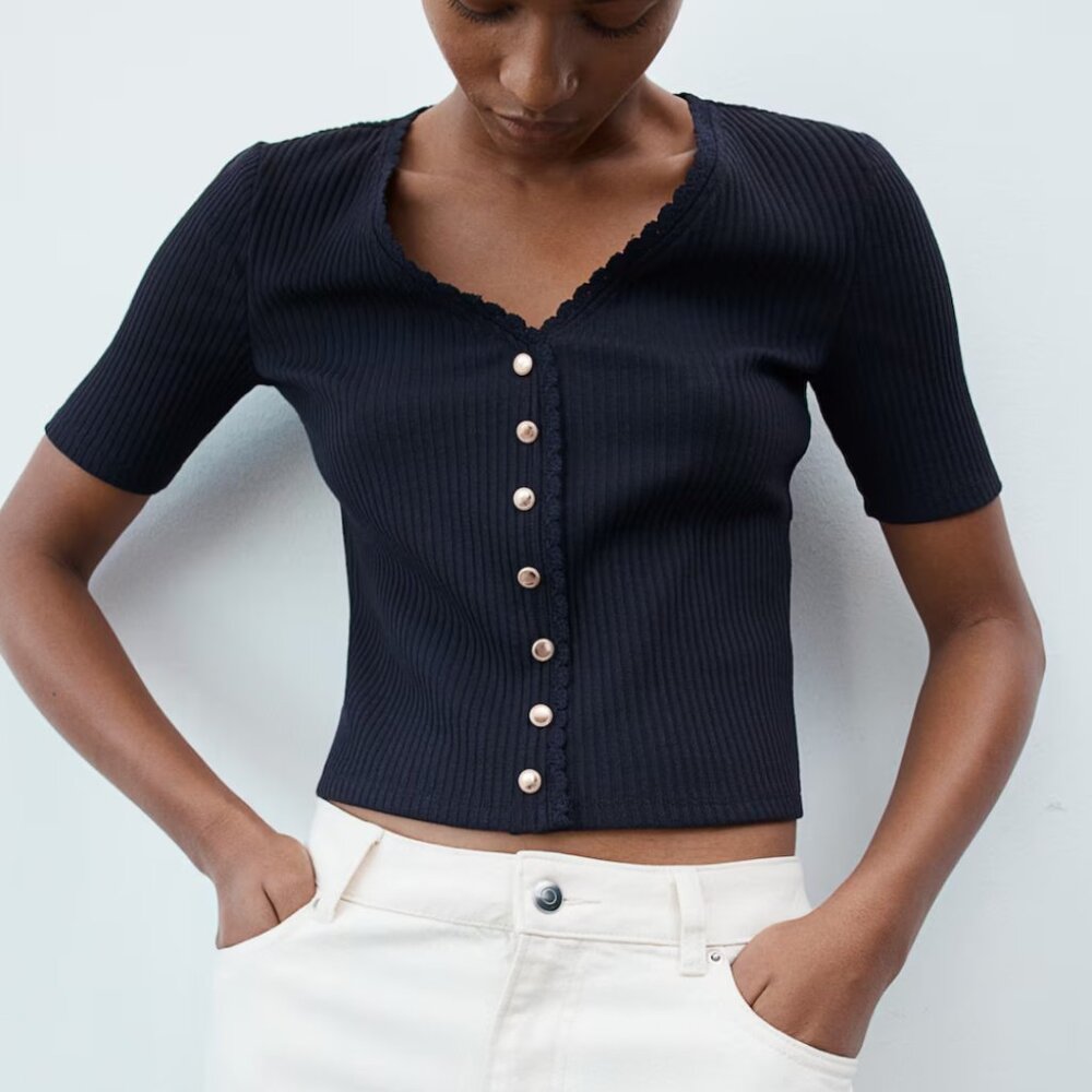H&M Ribbed Button Top | Navy - Picture 2 of 2